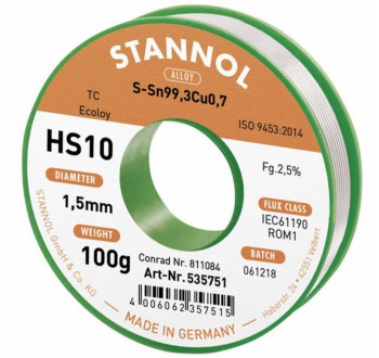 Cínová pájka PBF, Sn99Cu1, Ø 1,5 mm, 100 g, Stannol HS10 2510