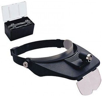 Náhlavní lupa s osvětlením a 4x výměnnými čočkami (1,2×/1,8×/2,5×/3,5×)